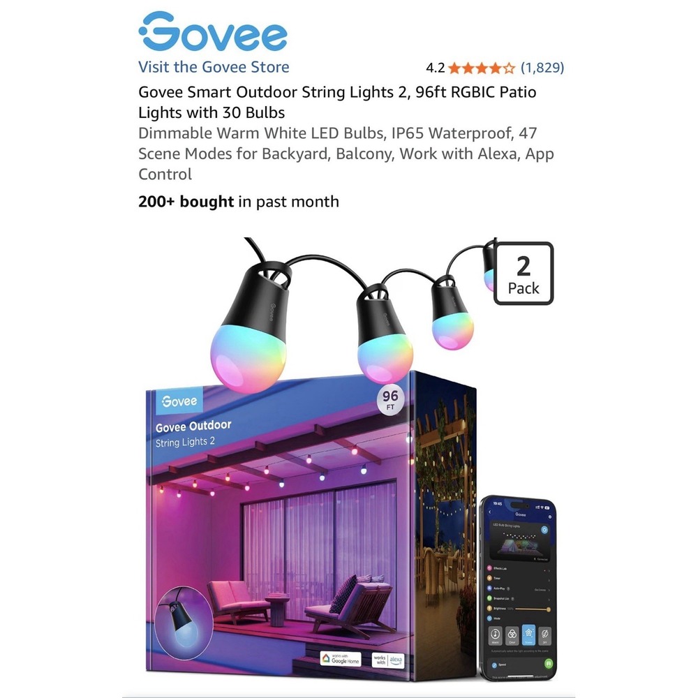 Govee Outdoor Lights 2 96 ft RGBIC Smart App/Voice IP65 H7038 Same Day Shipping